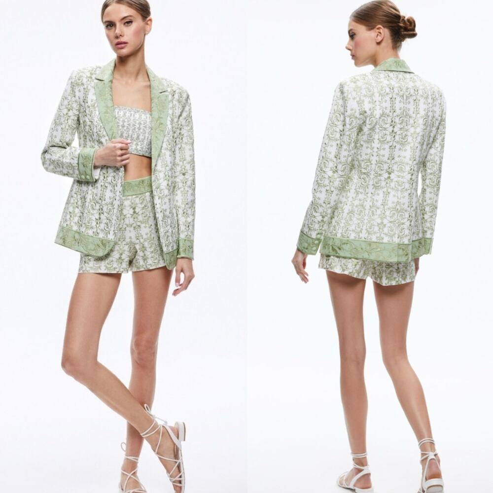 Alice + Olivia Macey Embroidered Cotton Linen Blazer Republic Geo Green Size‎ 2